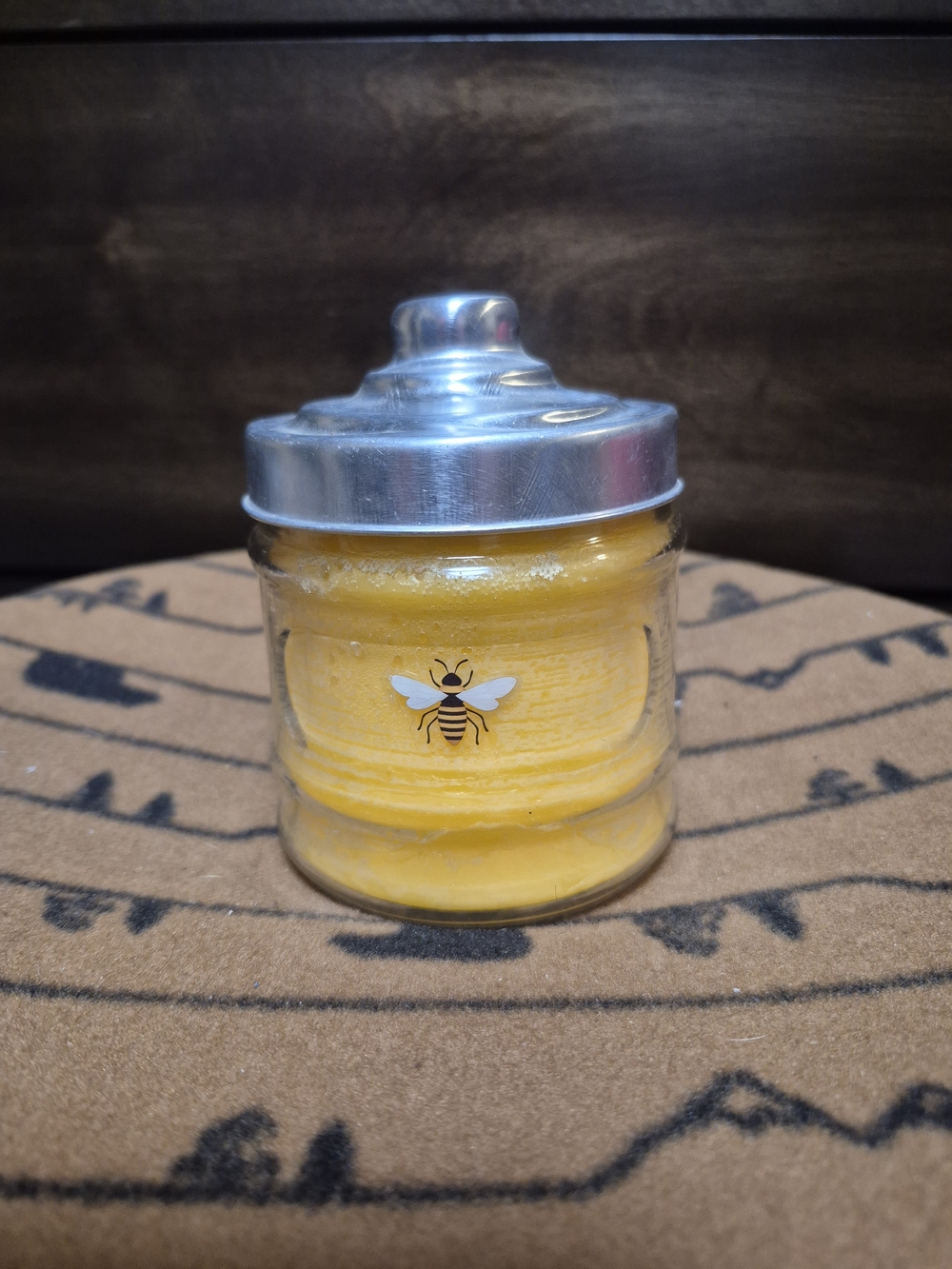 100% Organic Beeswax. Bee Glass Jar Candle with Silver Lid - Yellow